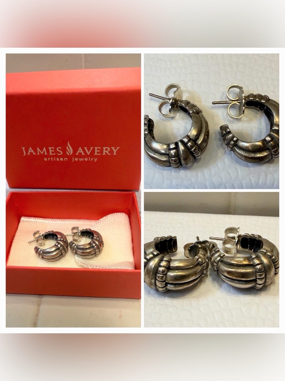 JAMES AVERY 925 SS  RETIRED LARGE Thatched Huggy Earrings  Gift Box-JA BACKS TOO